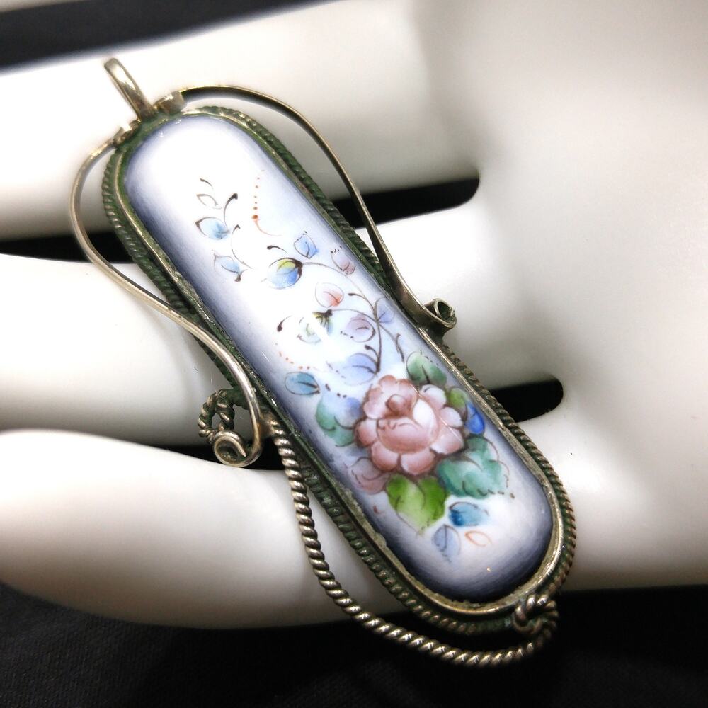 Vintage Russian Finift Hand Painted Floral Pendant Victorian Revival